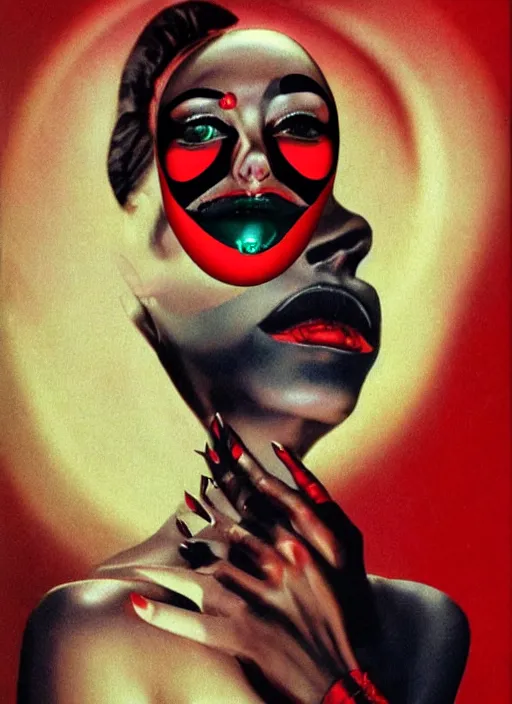 Image similar to an 8 0 s portrait of a woman with dark eye - shadow and red lips with dark slicked back hair with alexander mcqueen face beads dreaming acid - fueled hallucinations by serge lutens, rolf armstrong, delphin enjolras, peter elson, red cloth background