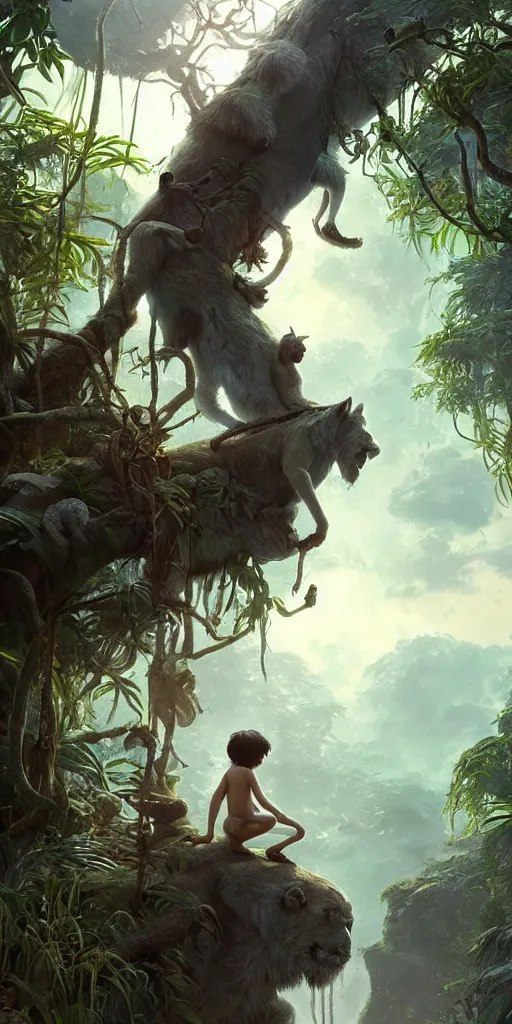 Prompt: still from the jungle book if made by krenz cushart and wenjun lin, portrait, illustration, rim light, top light, summer clear blue sky, perfectly shaded, soft painting, epic, intricate, art