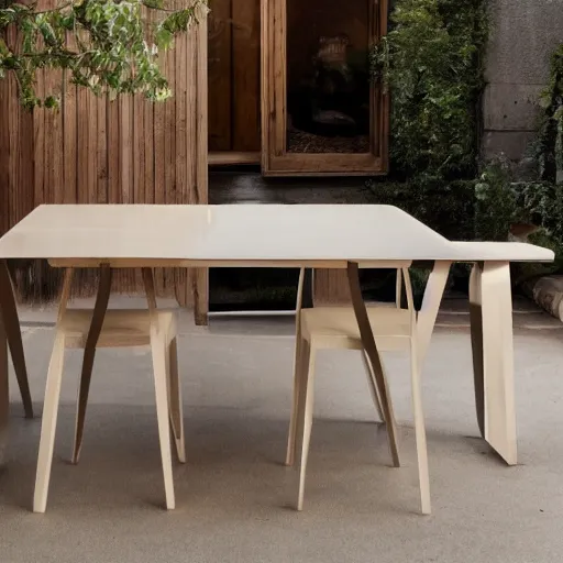 Prompt: a dining set made from pure recycled materials