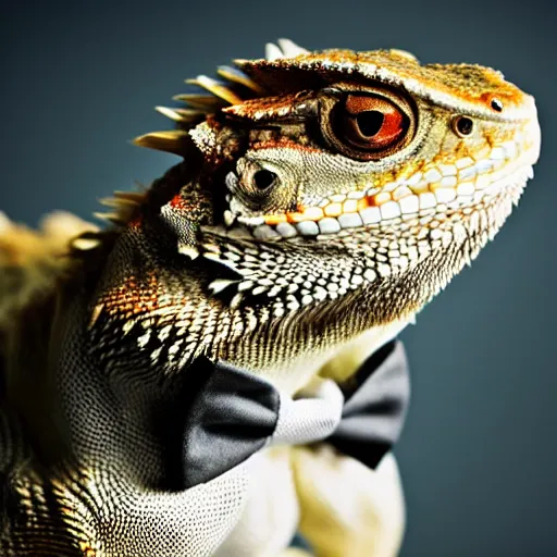 Image similar to dslr portrait still of a bearded dragon wearing a top hat and bow tie, 8 k 8 5 mm f 1. 4