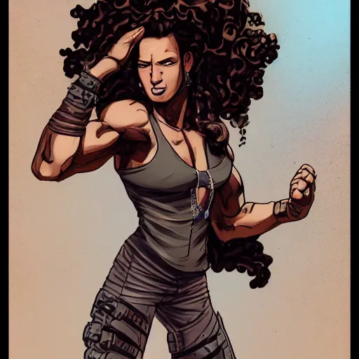 Image similar to a muscular bronze - skinned blue - eyed woman fighter, wearing a black cropped tank top, military pants, brown boots, wrapped arms, tribal tattoo on the right arm, wavy big red hair, 8 0's hairstyle, red gorgeous lips, highly detailed, cool action pose, mike mignola, trending on art station, illustration, comic book