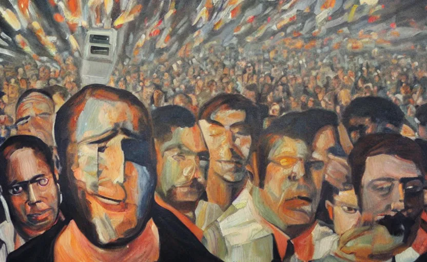 Image similar to a painting of a man with eyes wide open surrounded by people with their eyes completely closed. there are also crt television drones flying around