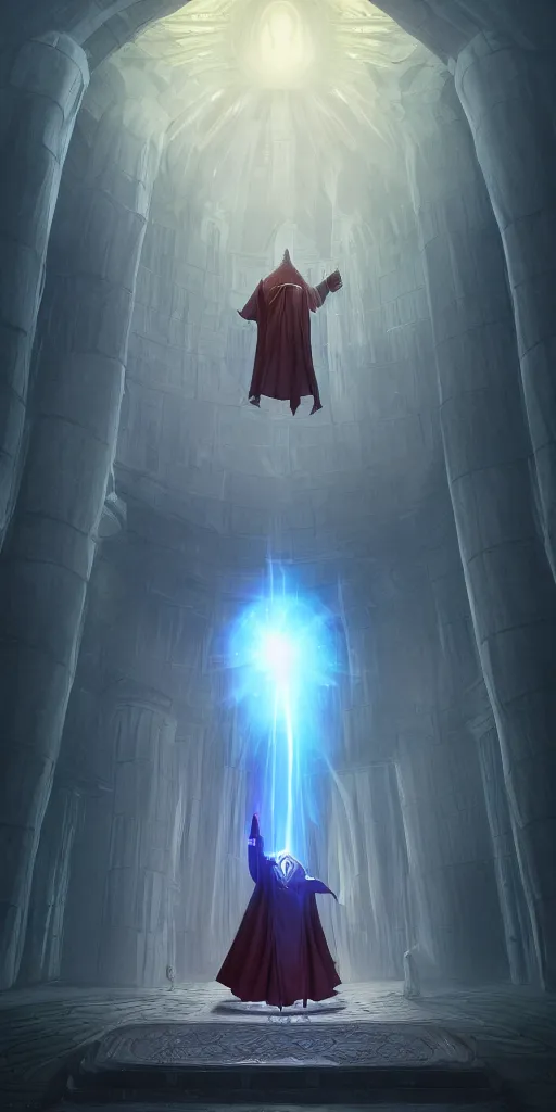 Image similar to a wizard in a cloak standing in front of a portal to wisdom, tall door, high ceiling, magic light, light beam, cinematic atmosphere, high definition, ultra detailed