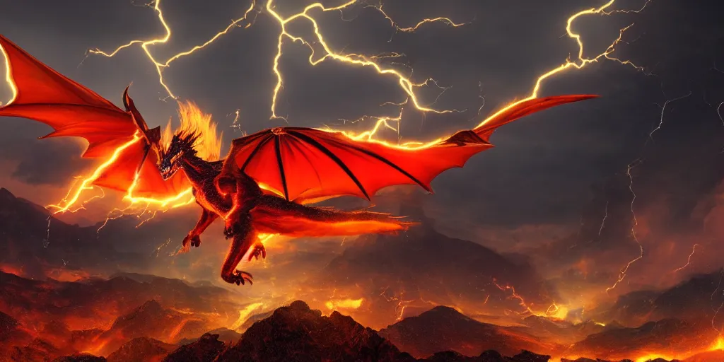 Image similar to a powerful flying fire Dragon fighting against a Wizard which shoots lightning in the foreground, big Mountains and wide forrests are in the Background, stormy weather at night ,cinematic Style, hyperrealistic