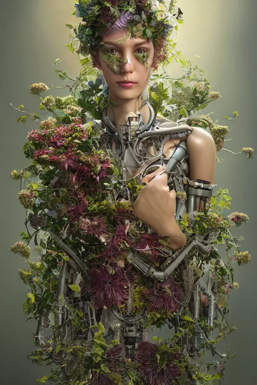 Image similar to a beautiful fine art RPG portrait photo of a robot female cyborg, spread out curly hair covered by hibiscus, daffodils, hydrangea, montsera leaves by tom bagshaw and zach sutton, golden ratio composition, soft studio lighting, soft vignette, 50mm lens, very detailed, bionic, cybernetic scifi, deep depth of field, artstation, 8K