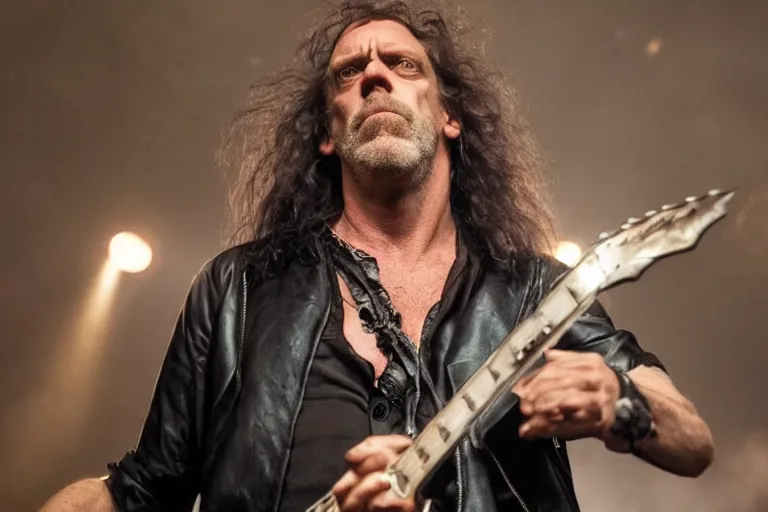 Image similar to promotional image of hugh laurie as an 80's heavy metal singer in a new movie, long curly hair, detailed face, movie still frame, promotional image, imax 70 mm footage