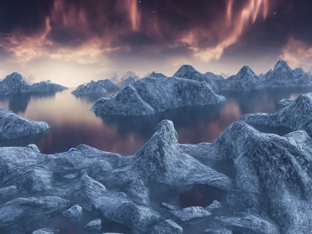 Image similar to epic crystalline taiga with a lake, golden hour, rocky ground, distant mountains with top on snow, atmospheric perspective, altostratus clouds, planets, cinematic, 3 5 mm lens, photographic, octane render, cinematography by roger deakins, in the style of ansel adams