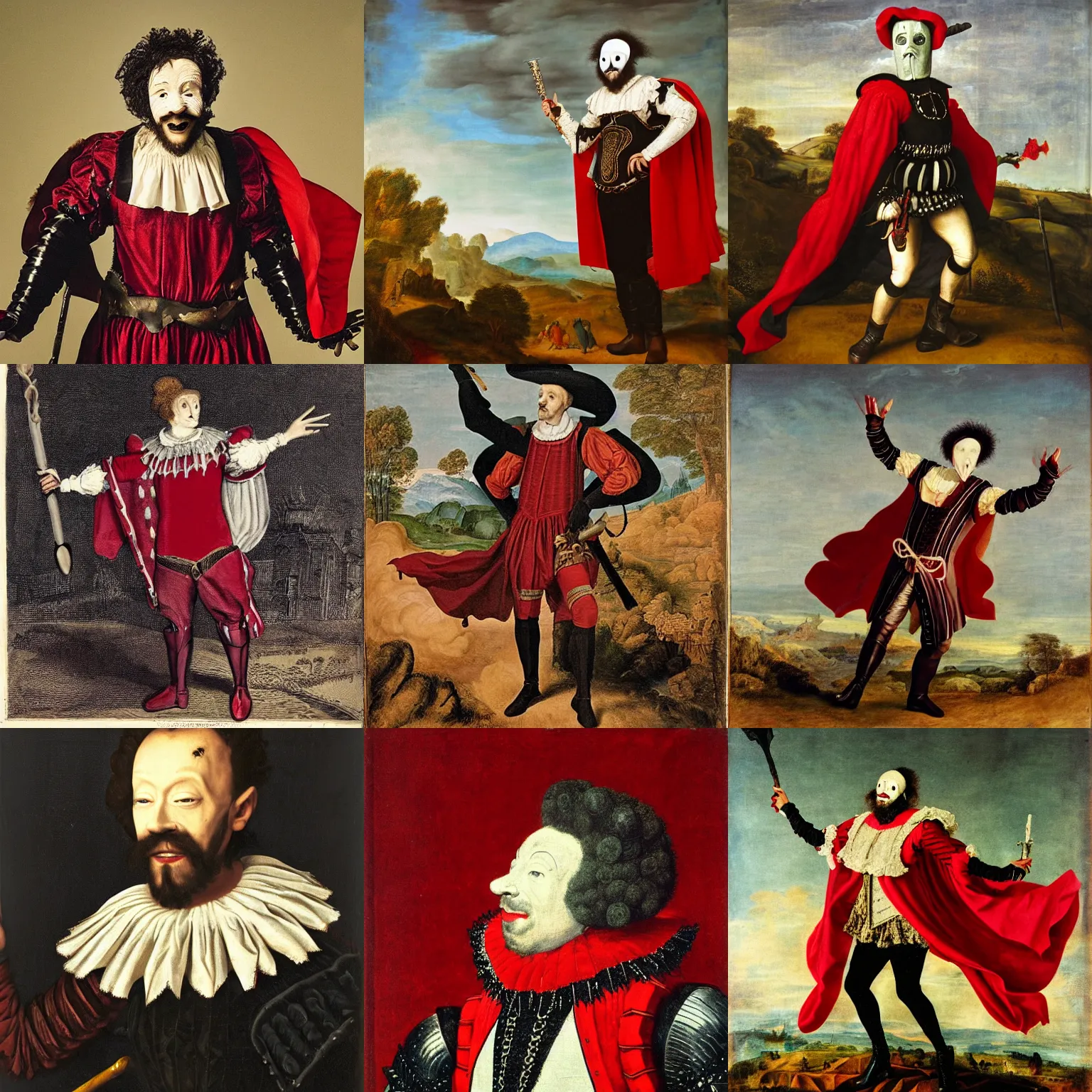 Prompt: man wearing theater comedy mask flies over a landscape , he is wearing elizabethan boots and ruff, he is wearing a red billowing capelet draped over his shoulder, he is wearing armored gauntlets and armored greaves, he carries a shortsword in his left hand, dramatic theater lighting