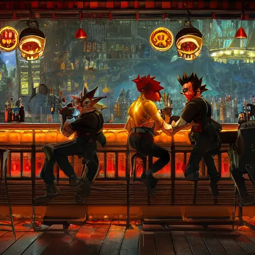 Image similar to an ultra detailed illustration of shadow the hedgehog and bowser sitting in a bar drinking beer, dive bar with a karaoke machine, volumetric lighting, 4 k, octane render, art by greg rutkowski and alphonse mucha and andreas rocha and albert bierstadt