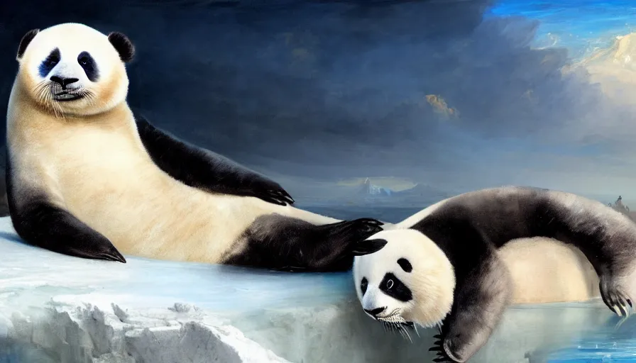 Image similar to highly detailed painting of humanoid creature thats half cute baby white furry seal and half panda on a blue and white iceberg by william turner, by greg rutkowski, by william constable, thick brush strokes and visible paint layers, 4 k resolution