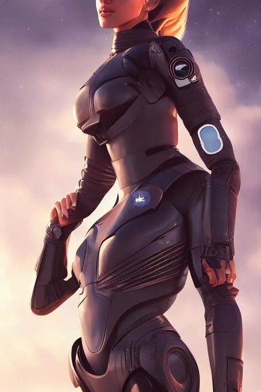 Prompt: full body photo of a gorgeous young woman wearing a sci-fi pilot outfit in the style of stefan kostic, realistic, sharp focus, 8k high definition, insanely detailed, intricate, elegant, art by stanley lau and artgerm