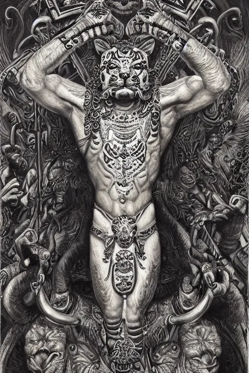 Image similar to a beautiful painting of full - body mayan jaguar warrior, wisdom, good and evil, white ink + magical + symmetrical + detailed intricate + heraldic design + atmosphere high details, in the style of jean delville, artstation, 8 k, 4 k, cinematic