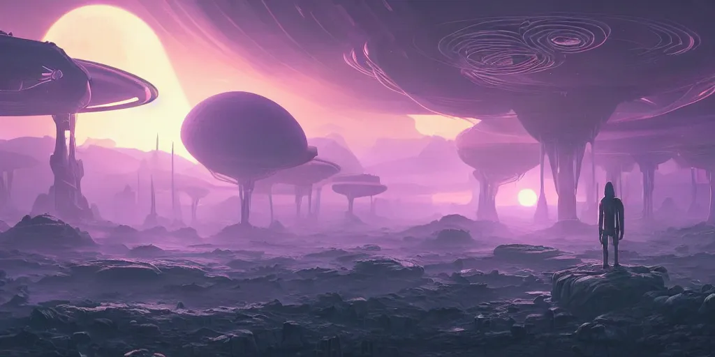 Image similar to an amazing alien landscape, digital art, breathtaking, extremely detailed, digital paintinghyperrealistic, dynamic lighting, particles, unreal engine, simon stålenhag, rendered by Beeple, Makoto Shinkai, syd meade, simon stålenhag, environment concept, trending on artstation, octane render, 4K UHD image