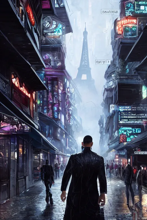 Image similar to in the foreground a Parisian street, in the background a dark-haired man from behind playing with swirls of black energy coming out of his hands wearing a long matrix-style jacket, realistic, high definition, many details, dramatic scene, detailed hands and realistic, symmetrical face, realistic eyes, cyberpunk art 2077