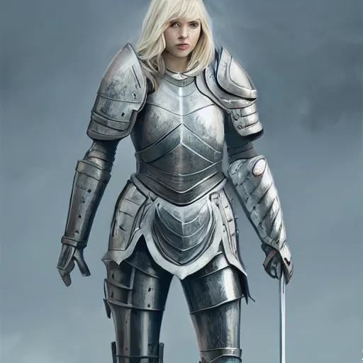 Image similar to full body portrait of a blonde female wearing knight armor, an ultrafine hyperdetailed illustration by tooth wu and wlop and beeple and greg rutkowski, trending on artstation, highly detailed, 4 k, 8 k