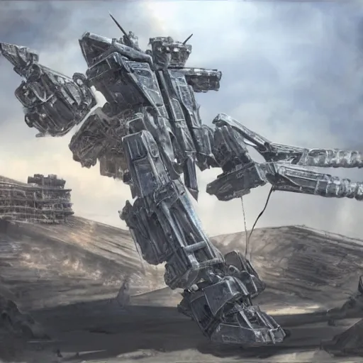 Image similar to Armored Core concept art, concept art, partially destroyed structures, 8k, sand, mecha, weapons, masterpiece