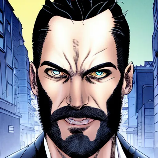 Prompt: portrait of a greying pale vampire police officer with short hair and a patchy beard, close up, grimy streets backdrop, highly detailed, sharp focus, perfect eyes, art by russell dauterman and patrick gleason and stefano caselli and marco checchetto and esad ribic