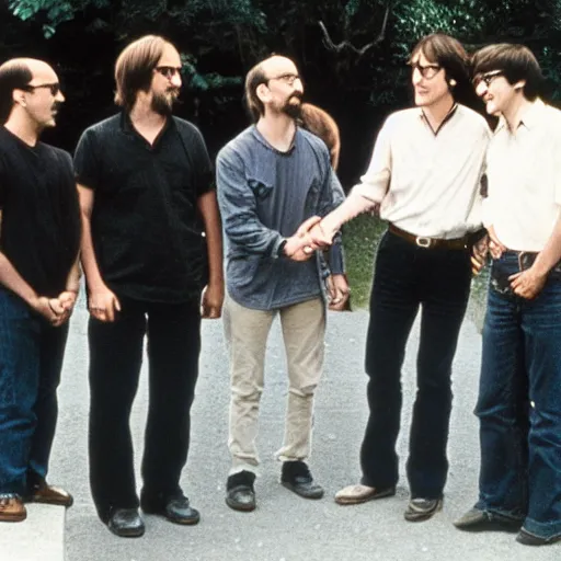 Image similar to john lennon, steve jobs, harry potter, and gabe newell meeting each other