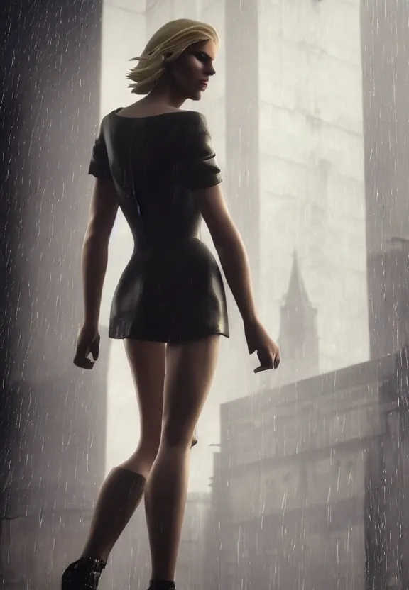 Prompt: beautiful model annie leonhart posing with open toe heels in dunwall city, beautiful face, detailed face, cinematic lighting, rainy weather, melancholy atmosphere, volumetric light, octane render, dishonored 1, gothic architecture, realistic reflections, octane render 8 k, model agency, playboy cover shot