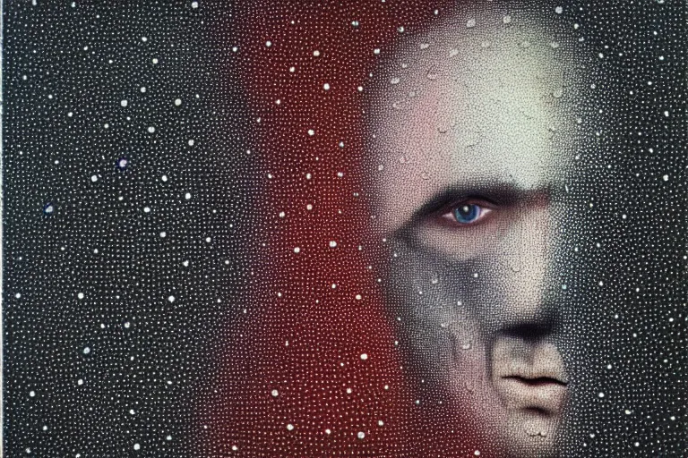 Prompt: face made out of mist, faceless people dark, dots, drip, stipple, pointillism, technical, abstract, minimal, style of francis bacon, asymmetry, pulled apart, cloak, hooded figure, made of dots, abstract, balaclava