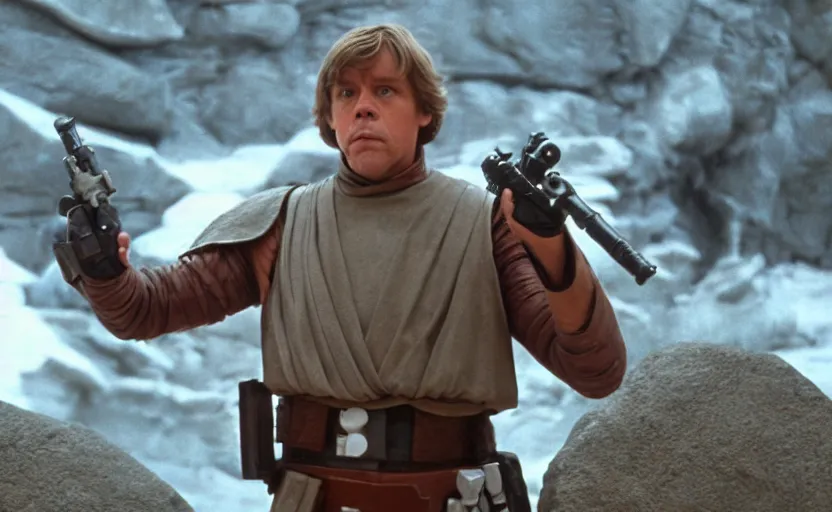 Image similar to screenshot portrait of Luke Skywalker, played by Mark Hammill, wearing deathtrooper armor, outside a rocky Jedi Temple scene from The Force Awakens, 1980s film by Stanley Kubrick, moody lighting, stunning cinematography, hyper-detailed, sharp, anamorphic lenses, kodak color film, 4k