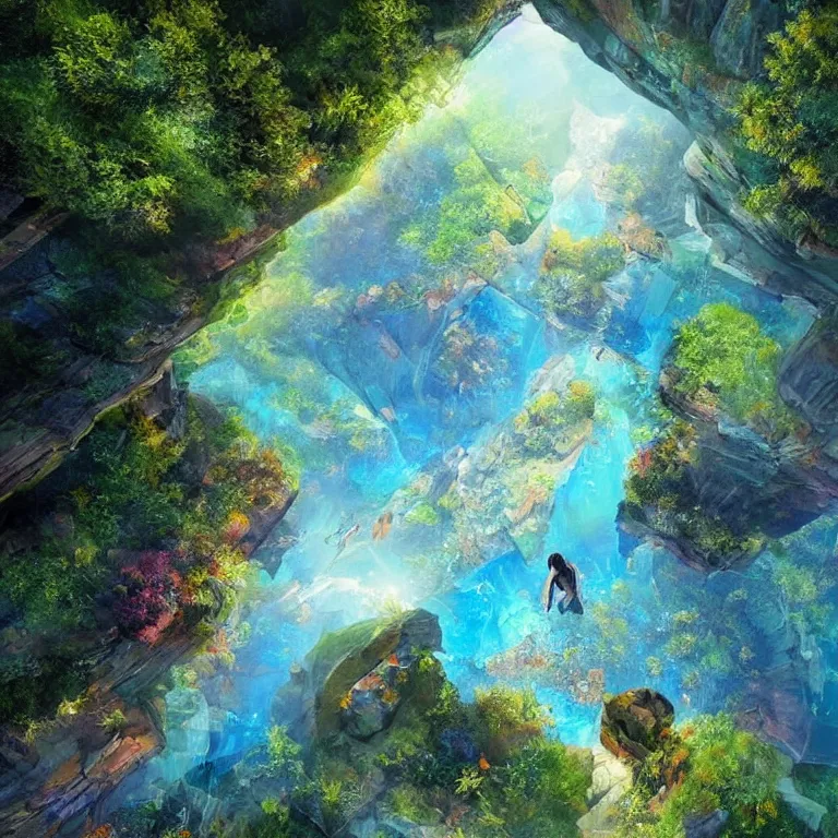 Prompt: glass floor, under which various natural beautiful landscapes in beautiful colored light, fantasy art, everything is drawn in detail, fantasy art