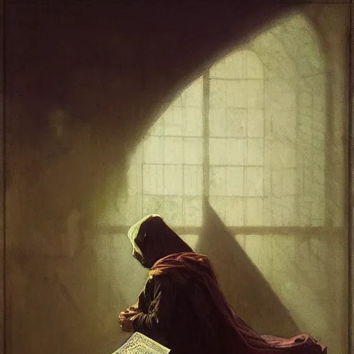 Image similar to half portait of magican wearing a closed cowl with big old book!, jeremy mann, jean leon gerome, tiepolo, alphonse mucha, greg rutkowski, face in the shadows, ( ( ruins of ancient rome ) ), at dusk, mysterious atmosphere, sunrays, dof, masterpiece, high detailed, 8 k