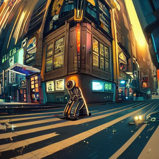 Prompt: 3 8 th century!!!!! robotic!!!!! town street, cinematic photography, futurism!!!!!, fisheye!!!!! lens, ( ( ( ( ( worm's - eye view ) ) ) ) ), illustrated by max hay, artstation, cgsociety contest winner, futuristic lighting, vignette