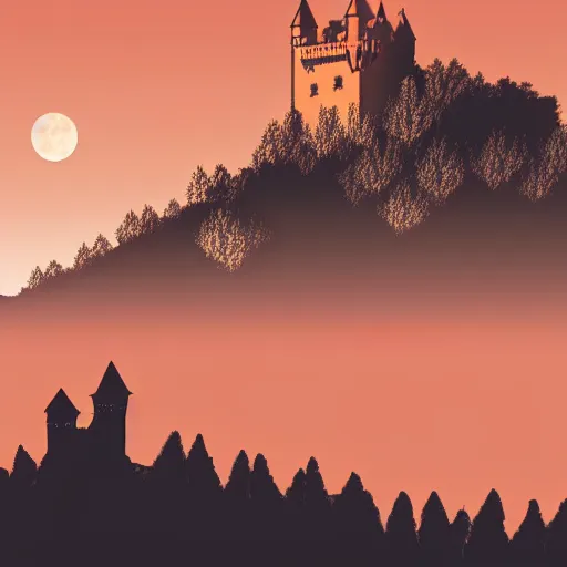 Image similar to silhouette of a castle on misty mountains, digital art, highly detailed, beautiful, calm, full moon