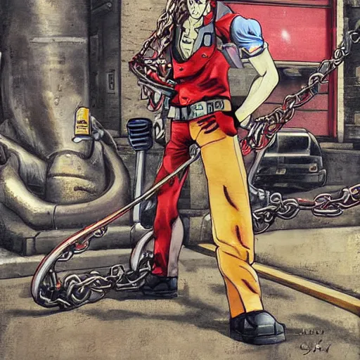 Image similar to a beautiful painting of a chainsawman with chainsaw arms posing for a picture on a city street by hirohiko araki, detailed line art, jojos bizarre adventure