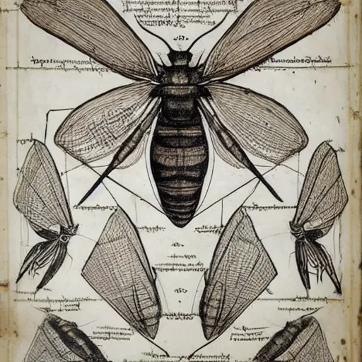 Image similar to various sketches of a mechanical moth in the style of leonardo da vinci, ultra detailed, scribbles, technical drawing, engineering blueprints