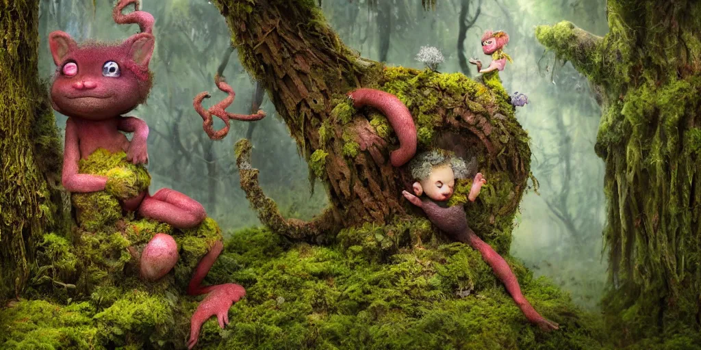 Image similar to a surreal bright very cute tiny mossy forest troll made of bark in a misty forest world by bobby chiu, daniel merriam, trending on artstation, goro fujita and charlie bowater, octane render, 4 k, 8 k, hd