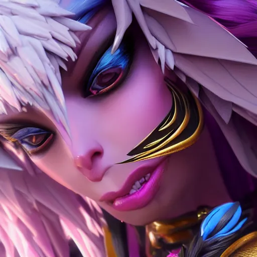 Prompt: still close up of pretty Xayah (Wild Rift) in KDA More music video. 3d render, octane render, game art, realistic, highly detailed, trending on artstation, 4k, trending on artstation, pixar, cgsociety, unreal engine 5, redshift render, trending on artstation, blender, behance, cg