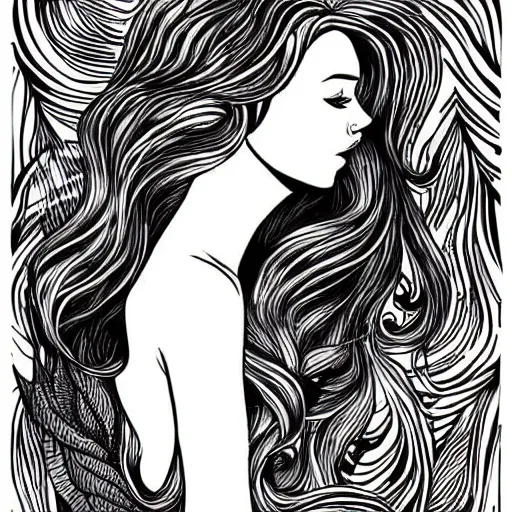 Image similar to black and white illustration, creative design, beautiful feminine mermaid with flowing hair