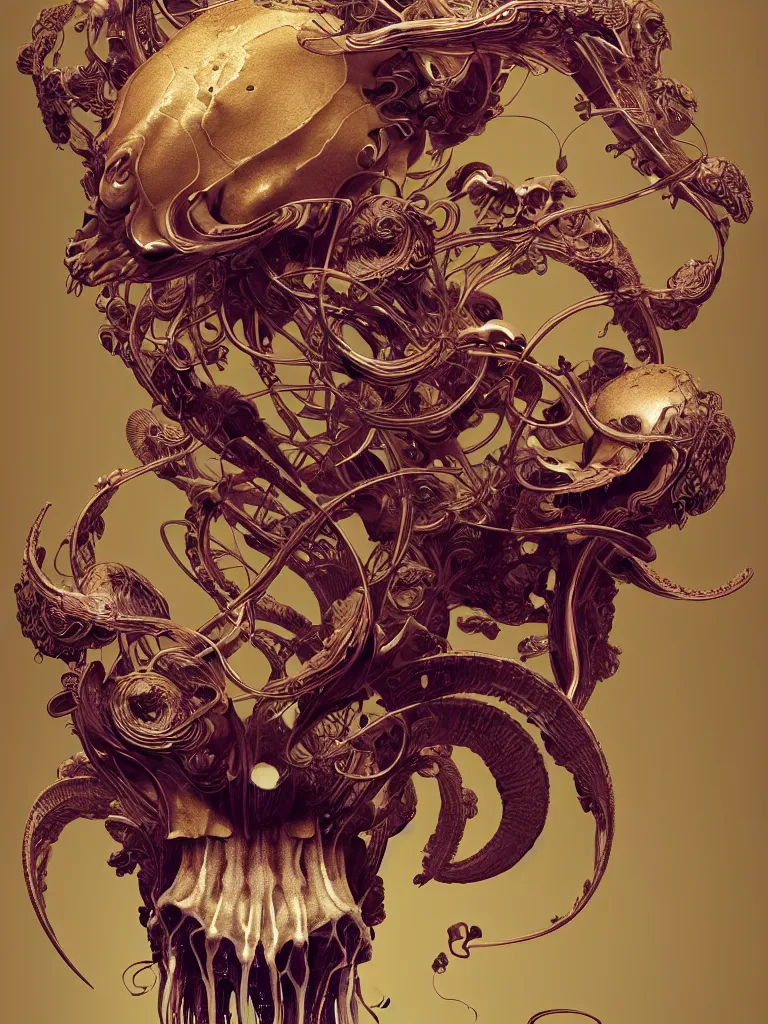 Image similar to close-up portrait ram skull abstract 3d composition. jellyfish phoenix head, nautilus, orchid, moebius, mucha, New art nouveau, skull, gold betta fish, bioluminiscent creatures, intricate artwork by Tooth Wu and wlop and beeple. octane render, trending on artstation, greg rutkowski very coherent symmetrical artwork. cinematic, hyper realism, high detail, octane render, 8k