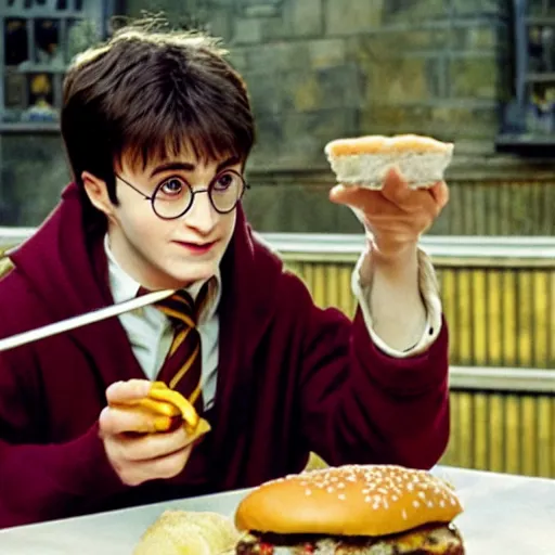 Image similar to Harry Potter eating a cheeseburger, photo realistic, award-winning, highly-detailed, epic, cinematic, dramatic