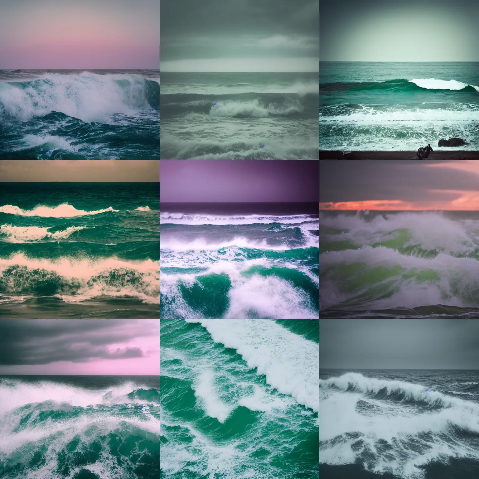 Prompt: wes anderson ocean, towering waves, pastel lighting, highly turbulent, deep focus, gray sky, high point of view,