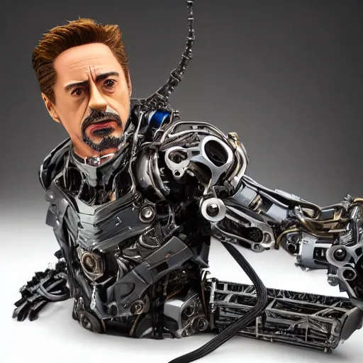 Image similar to animatronic Robert Downey Jr, exposed mechanics, photo, Stan Winston studios, detailed, 4k