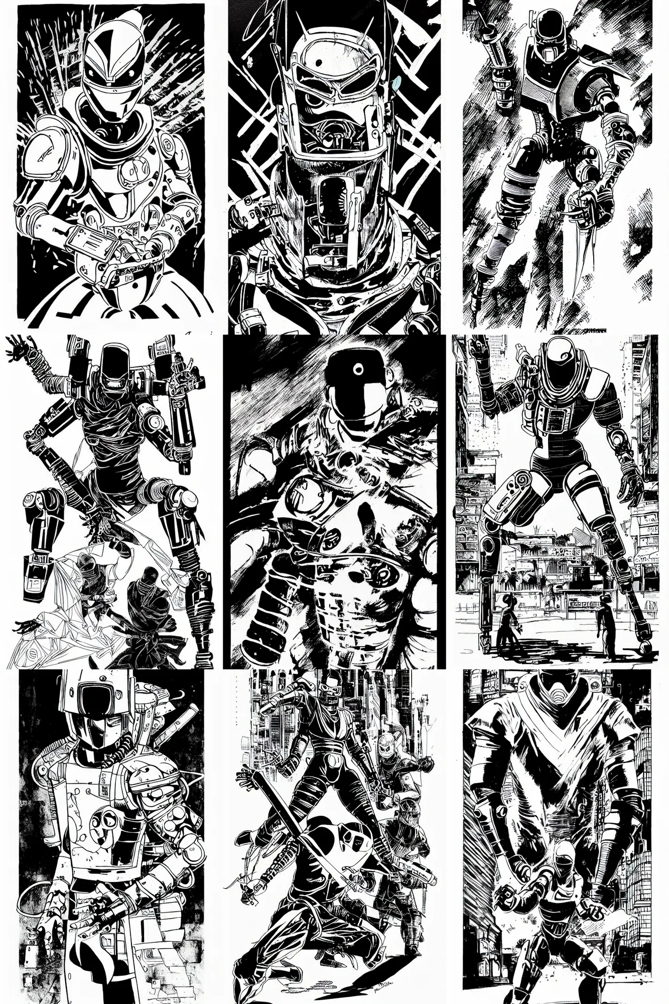 Prompt: robot ninja, illustration from cyberpunk 2 0 2 0, style of paolo parente, style of mike jackson, 1 9 9 0 s comic book style, white background, ink drawing, black and white