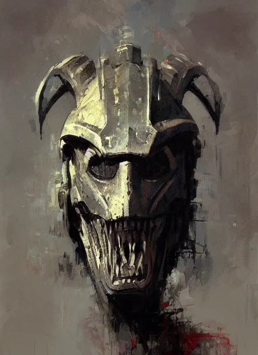 Prompt: portrait painting of berserker with a dinosaur head helmet, by jeremy mann, only one head single portrait