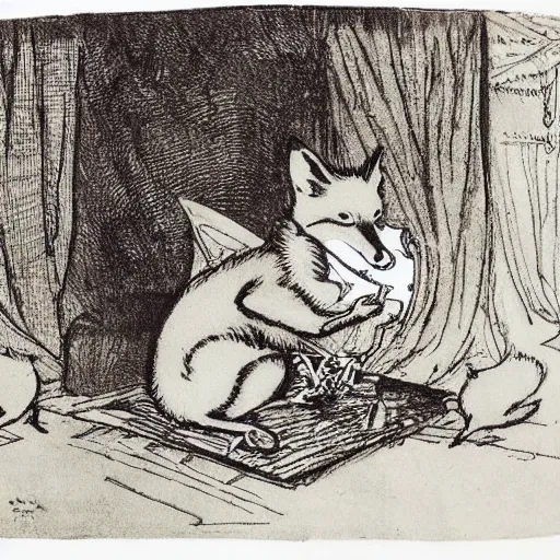 Prompt: a fat, realistic fox in a dinner jacket, drinking a cup of tea in a living room, by a fire place, whilst a little mouse wears a blanket, by ‘ arthur rackham ’