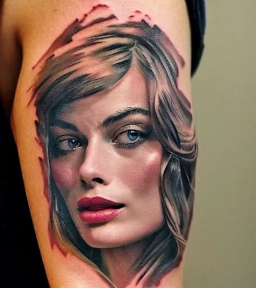 Image similar to tattoo design sketch double exposure of margot robbie blended in beautiful mountain scenery, creative mash up, in the style of arlo dicristina, surrealist, amazing detail, sharp