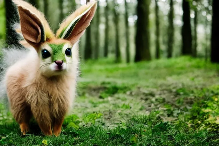 Prompt: real life leafeon pokemon, cute!!!, heroic!!!, adorable!!!, playful!!!, chubby!!! fluffly!!!, happy!!!, cheeky!!!, mischievous!!!, ultra realistic!!!, spring time, slight overcast weather, golden hour, sharp focus