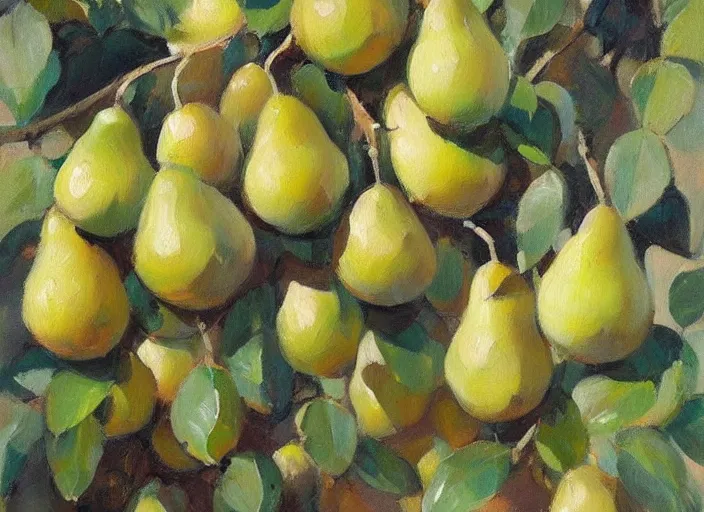 Prompt: oil painting of translucent pears on tree by greg manchess