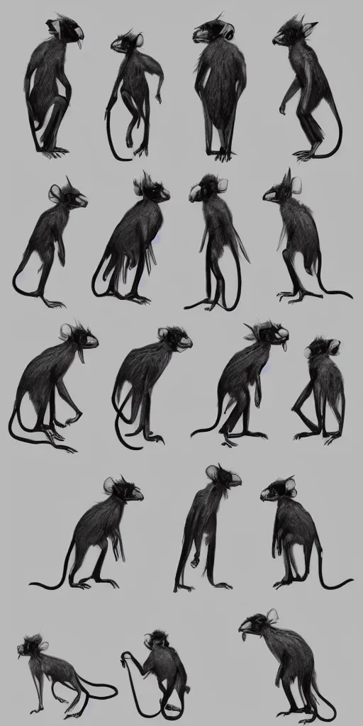 Prompt: long - eared monkey - crow creatures, contact sheet, pose sheet, concept art, poses, studies