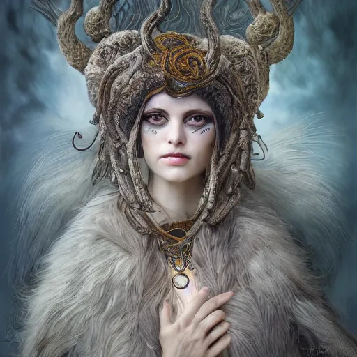 Prompt: a photograpic portrait of a anthropomorphic norse mythology mimosa, wearing furry clothes in the style of heilung an experimental folk music band, fantasy, intricate, elegant, highly detailed, digital painting, artstation, concept art, smooth, sharp focus, illustration, art by artgerm and H R Giger and alphonse mucha