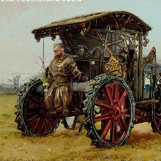 Prompt: ( ( ( ( ( the medieval king riding royal farm tractor, fully ornated with intricate gold and jewels. muted colors. ) ) ) ) ) high resolution, high quality, by jean - baptiste monge!!!!!!!!!!!!!!!!!!!!!!!!!!!