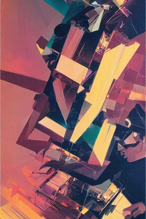 Prompt: wideangle action, portrait of a crazy violinist, decoherence, synthwave, glitch!!, fracture, vortex, realistic, hyperdetailed, concept art, golden hour, art by syd mead, cubism