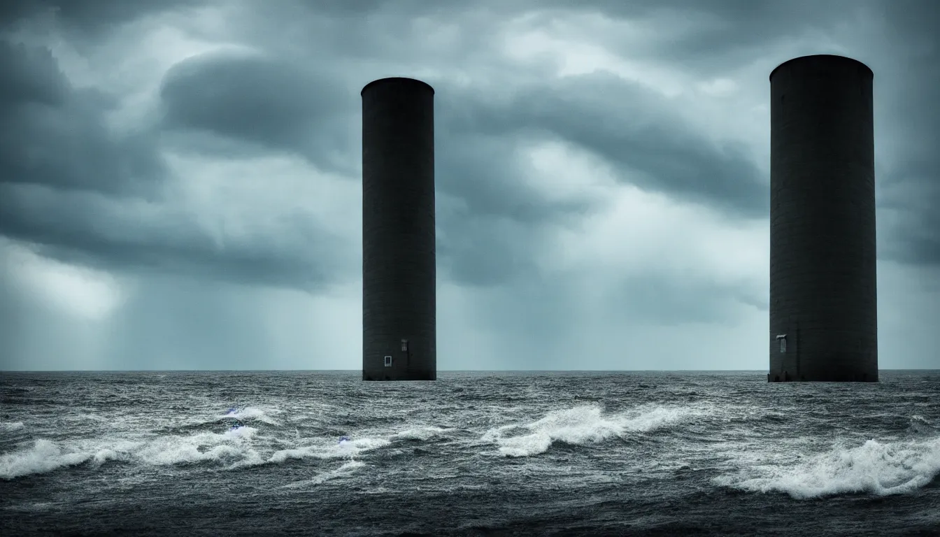 Image similar to lonely nuclear silo on the island, lake, windy waves, raining, storm, distant thunder, atmospheric, scary, claustrophobic, ambient vibe, very detailed, high resolution, 8 k