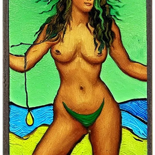 Image similar to a tarot card with green fire. attractive bikini babes made of fire dance around a masculine figure made of death. oil painting with a decorative border, 3 x 5 in size, in the style of van gogh